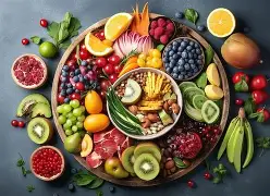 Balanced healthy food plate for beginners with fruits and vegetables